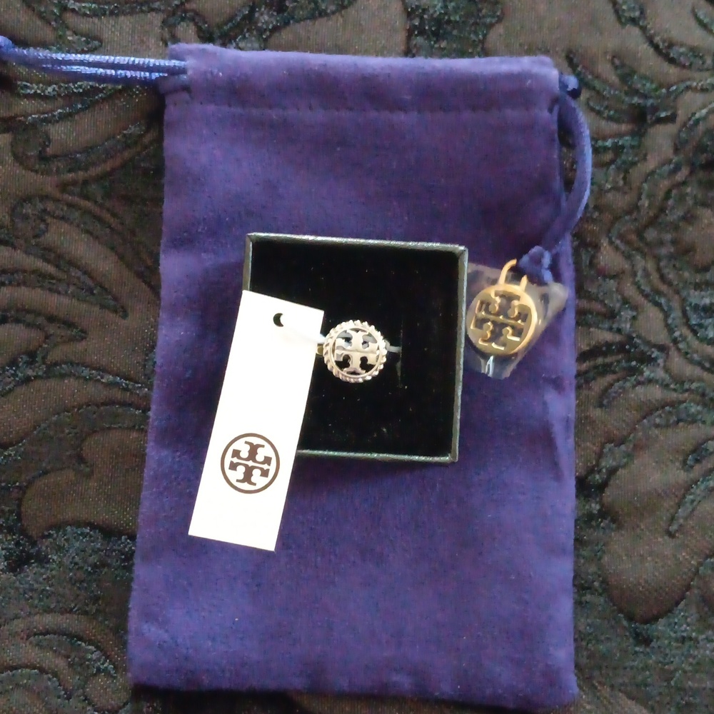 Tory Burch Gold Logo Ring with Purple Velvet Pouch